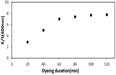 Figure 3. The Effect of Dyeing Duration on K/S Values of Silk Fabric Dyed with Rhododedron brachycarpum Extracts