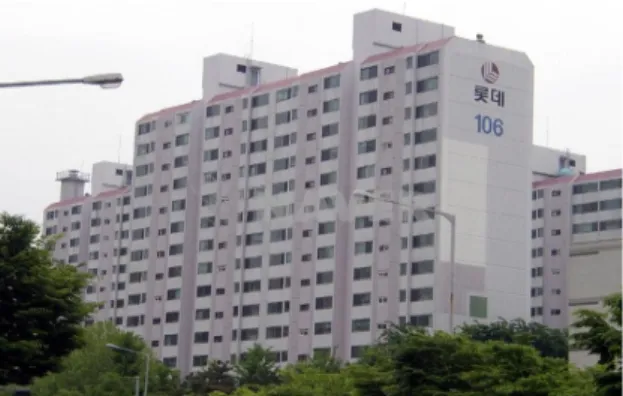 Fig. 1  Apartment complex for experiment.where,：열량：유량∆：공급온도와 환수온도의 차이상기의 식(1)에서 에너지 절감을 위해 제어 인자가 미치는 영향에 대해 연구한 사람은 Friedlander와 Cho  등이다