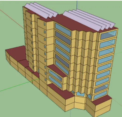 Fig. 6  Building with PV installed.4.4 Energy Plus 시뮬레이션 결과 앞에서 설계한 초기 설치비 기준의 PV  설계 용량과 LCC  기준 설계결과인 지열시스템 용량을 건물 모델에 반영하여 시뮬레이션에서의 LCC  거동을 관찰하였다