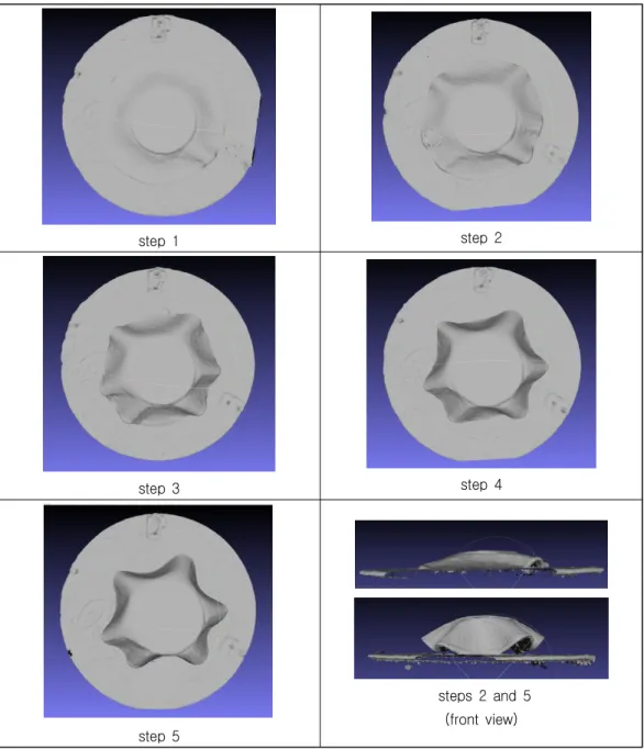 Figure  2.  Reconstructed  3D  Scanned  Object  of  Fabric  Specimen  by  using  a  Depth  Camera  at  each  Elevation  Step,  Silk  Specimen  (  5  Top  views,  and  2  front  views)
