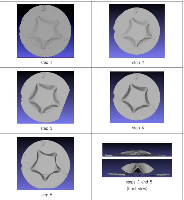 Figure  3.  Reconstructed  3D  Scanned  Object  of  Fabric  Specimen  by  using  a  Depth  Camera  at  each  Elevation  Step,  Wool  Specimen  (5  Top  Views,  and  2  Front  Views)
