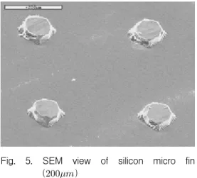Fig.  7.  SEM  view  of  silicon  micro  fin  () Fig.  8은 핀 두께 50 μm ,  피치 150 μm 의 이미 지를  최대한 확대하여 보여주는 사진이다
