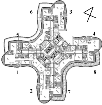 Fig.  8    Pressure  measurement  points  of  exterior  wall  at  80th  floor  of  tower  A.