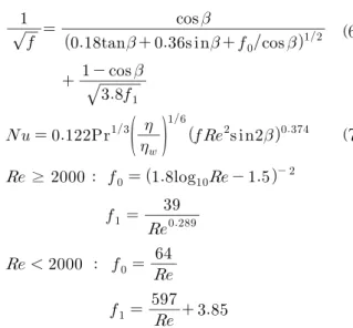 Fig.  1    Specification  of  plate  heat  exchanger.                               또한,  Muley(6)는  쉐브론  각이  30o에서  60o 사이에서 Re수에  따라  층류와  난류로  구분하여  각각의  Nu수를  제안하였으며  이는  다음과  같다.Low  Reynolds： 