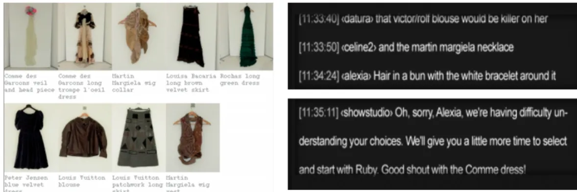 Figure 7. Styling Items and Chat Samples in ‘Dress Me up Dress Me down’(2005) - http://showstudio.com/project/dress_me_up_dress_me_down/Synesthesia R② esponsiveness 쇼스튜디오는 패션 이미지의 파격적인 연출과 전달을 꾀하였고 종종 일반적인 상식을 뒤엎고 이용자들의공감각적인 반응을 이끌어낼 수 있는 창의적인 프로젝트를 시도하였다 