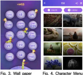 Fig.  5.  Character  Screen Fig.  6.  Virtue  Menu 인성메뉴에서 100개의 사진 중에 하나의 사진을 클 릭해서  들어가면  Fig