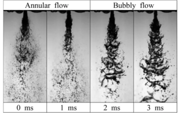 Fig. 5 Spray patterns of intermittent flow according to time domain: Inj#1 (2 θ = 30°),  = 15 g/s, GLR = 0.6%