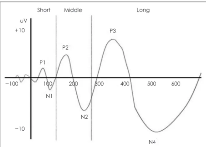 Fig. 1은 대표적인 ERP 성분을 그린 그림이다. ERP 연구에 서 나타난 성분은 정점(peak)이 나타난 시점에 따라 두 단계로  구분하기도 하고, 세 단계로 구분하기도 한다