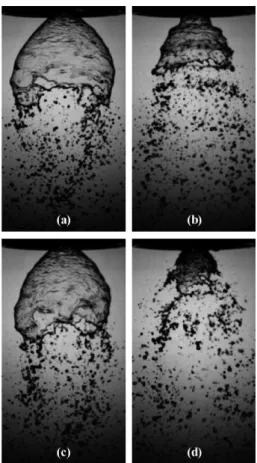 Fig. 5 Spray image of various frequency. (a) no excita- excita-tion, (b) 300 Hz, (c) 600 Hz, (d) 1000 Hz