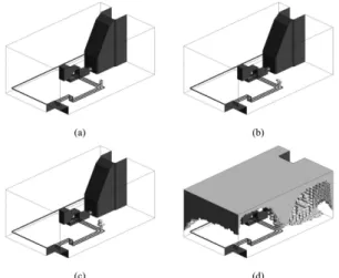 Fig. 4 Visualization of flammable region in Geometry for 50 mm crack hole. (a) after 60 seconds from  leak-age (b) after 120 seconds from leakleak-age (c) after 300 seconds from leakage (d) after 600 seconds from leakag