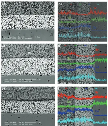 Fig. 8.   LSCF 양극 소결 온도에 따른 단전지 미세구조와 EDS 결과(Strontium, Scandium, Cerium, Gadolinium)a-b) CEScSZCF4, 1050℃,  c-d) CEScSZCF6, 1000℃, e-f) CEScSZCF7, 900℃ 