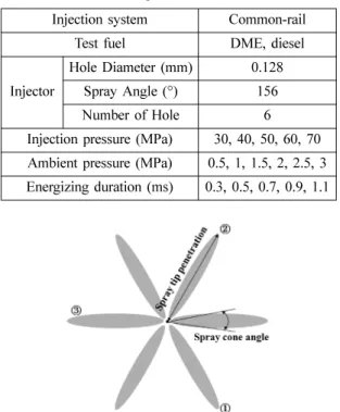 Fig. 2 Definition of spray tip penetration and spray cone angle