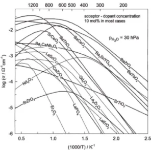 Fig. 1. Bulk proton conductivity of various oxide materials. 10)