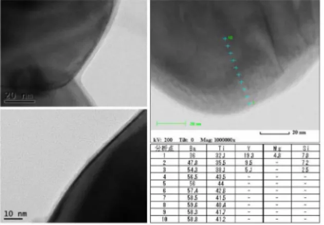 Fig. 19. Mg, Si, Ca, V, Cr, Y 원소를 균일코팅한 BaTiO 3 분말입자 의 조성분석.