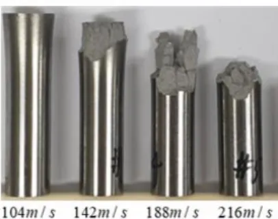 Fig. 6 Results of Taylor impact test according to impact  velocity: (a) 104 m/s; (b) 142 m/s; (c) 188 m/s; and  (d) 216 m/s 