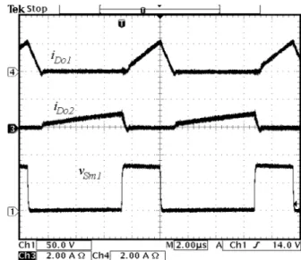 Fig. 4. Experimental waveforms of i Do1 , i Do2 , and v Sm1 . 그림 4. i Do1 , i Do2 , v Sm1 의 실험파형 3