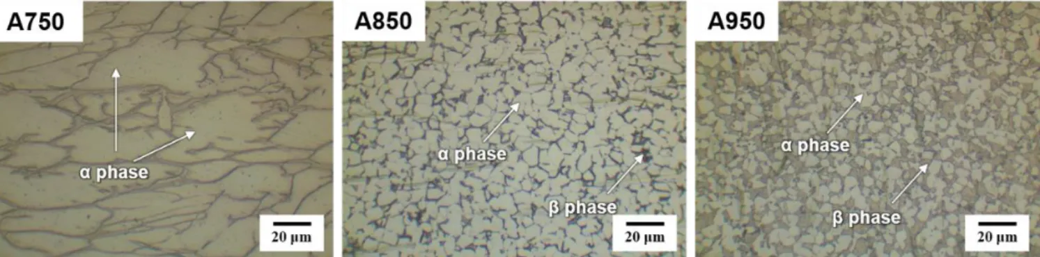 Fig. 1 Optical micrographs showing microstructure of the A750, A850 and A950 specimens for Ti-6Al-4V alloy 