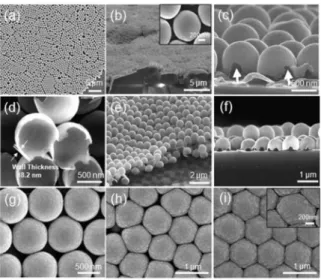 Fig. 9. SEM images of hollow SnO 2 hemispheres: (a) plan view image of a monolayer of 2D-HCP array of SnO 2