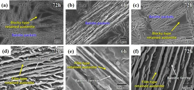 Table 1 Thickness of bainitic  ferrite  and  retained  austenite in the high-carbon nano-bainite steel  specimens  austempered  at  different   tempera-tures and times   
