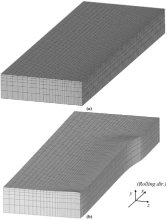 Fig. 1 Original FE mesh selected for process simulation  of edge rolling, (a) before rolling, b) after rolling 