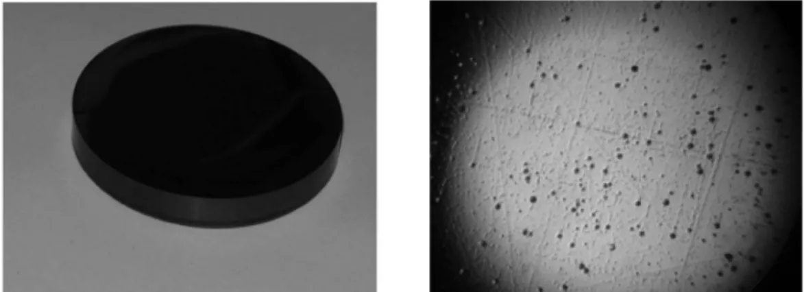 Fig. 3. 2 inch 4H-SiC single crystal produced from β -SiC powder (a) ingot and (b) wafer after KOH etching.