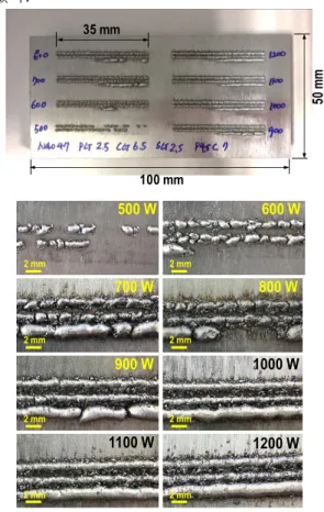 Fig.  3  Single  track  deposition  at  different  powder  feed  rates.  3.2 Multi-layer  적층  3.2.1  공정  변수에  따른  적층  표면  단일  선  적층  시  레이저  출력  및  분말  공급량  조 건에  따른  적층  특성을  확인하였으며,  그  결과를  토 대로  멀티  레이어  적층  특성을  관찰하였다