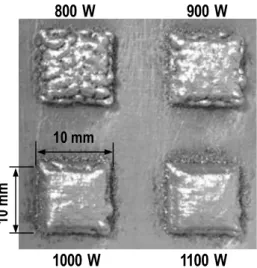 Fig.  5  Multi-layer  deposition  at  different  powder  feed  rates.  3.2.2  이송  속도에  따른  적층  높이    AlSi12  분말에  대한  선  적층과  멀티  레이어  적층 을  통해  비드  형상과  적층  표면을  관찰하여  레이저  출력(1000-1100W)과  분말  공급량(1.0g/min)에  대한  적정  수준을  도출하였다