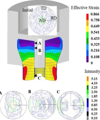 Fig.  5  Effective  plastic  strain  distribution  and  (0002)  pole figures after extrusion process 