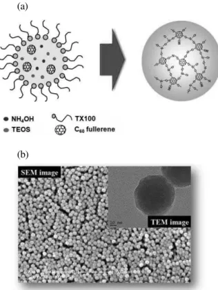 Fig. 1. (a) Preparation of fullerene-silica nanoparticles using reverse- microemulsion method, (b) SEM and TEM images of nanoparticles.