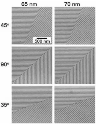 Fig. 3. (a) Lamellae were oriented perpendicularly with no long-range order on unpatterned regions of the surface