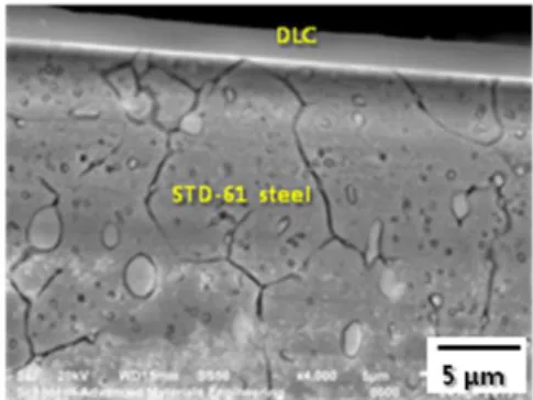 Fig. 1 SEM micrograph of the DLC coating layer on the  STD-61 tool steel 