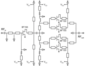 Fig. 1. Schematic diagram  of  the  designed  two- stage  GaN-based  power amplifier  MMIC.