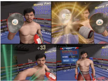Fig. 6. VR Sprots Boxing Game Screen. 그림 6. VR스포츠 복싱게임 화면Time：게임 시작 후 흐른 시간HMD：머리에 착용하는 VR장비LeftCtrl：왼손 컨트롤러RiightCtrl：오른손 컨트롤러Distance：3초 동안 움직인 거리(단위：m)Spin：3초 동안 회전한 각도(단위：도)State：게임 상태Final：최종 결과(게임 중 변화량 합산 데이터)4