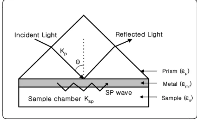 Fig. 1. Kretschmann’s Structure Diagram for Surface Plasmon Resonance 그림 1. 표면 플라즈몬 공명을 위한 Kretschmann 구조도 외부에서 전계를 금속과의 경계면에 적용하면 각 각 ε0, ε1의 유전율에 대한 값을 갖는 두 매질사이 의 경계면에서 전기장의 수직방향 성분의 불연속 적인 특성으로 식(1)에서와 같이 표면 전하가 유도 된다