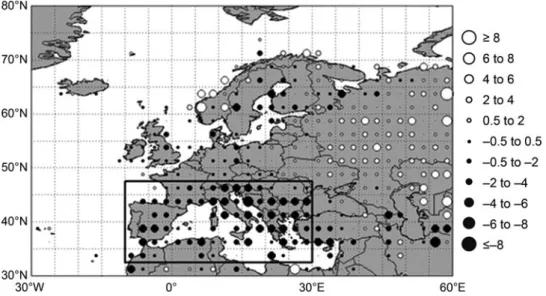 Fig. 2.18 Linear trends in total cloud cover in percent per decade for 2.5° × 2.5° boxes in Europe and North Africa in winter (DJF) for the period 1971 – 1996.