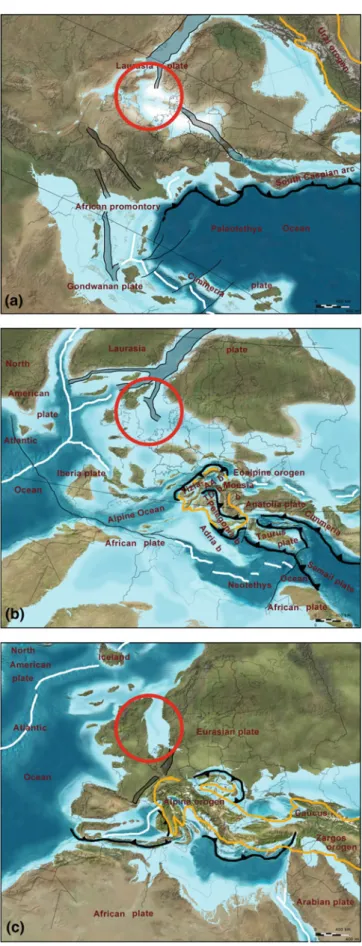 Fig. 1.3 Paleogeography of the European area during the Permo-Triassic (upper,
