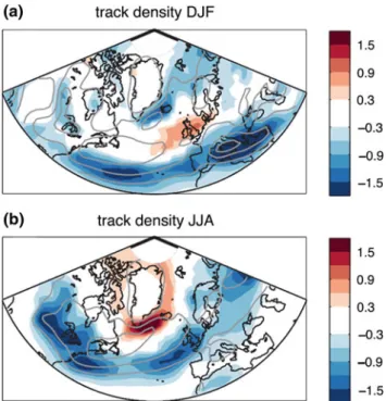 Fig. 5.5 Projected change in mean track density for winter (December through February, DJF; upper panel) and summer (June through August, JJA; lower panel) based on the RCP8.5 scenario from 19 CMIP5 simulations