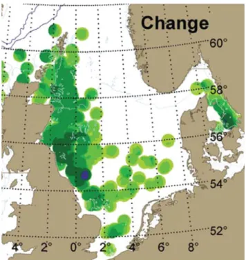 Fig. 8.9 Change in abundance of red mullet in ﬁ rst-quarter research surveys. The darker the colour, the greater the increase in abundance in the period 2000 – 2005 relative to 1977 – 1989 within each ½ ° latitude × 1°