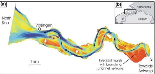 Fig. 9.14 Time-averaged longitudinal variation in suspended sedi- sedi-ment concentration (SSC) along the Scheldt estuary, calculated from monthly monitoring data for 1996 – 2001, showing the presence of an Estuarine Turbidity Maximum (ETM) zone at around 