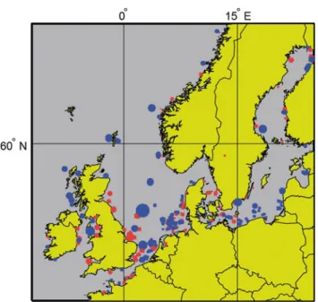 Fig. 14.3 Future offshore wind power development in Northern Europe aligned with the wind energy targets for 2020 (41 GW, red) and 2030 (107 GW, blue) from the European Wind Energy Association (2014) (Hvidtfeldt Larsen and S ø nderberg Petersen 2015)