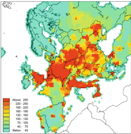 Figure 16.2 shows an example of a model estimate of the geographical distribution of premature deaths in Europe in 2000 due to PM and O 3 (Brandt et al