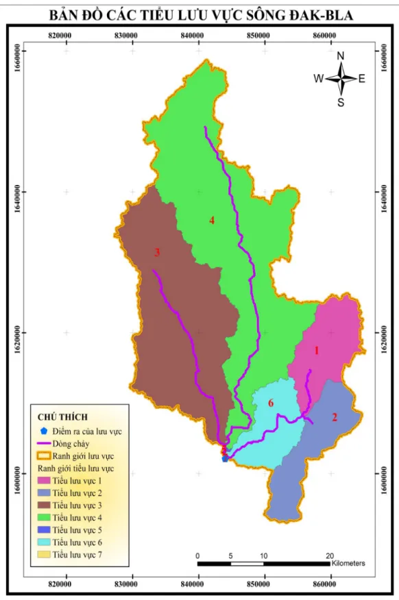 Hình 4.5. Kết quả phân chia tiểu lưu vực trong lưu vực sông Đak-Bla. 