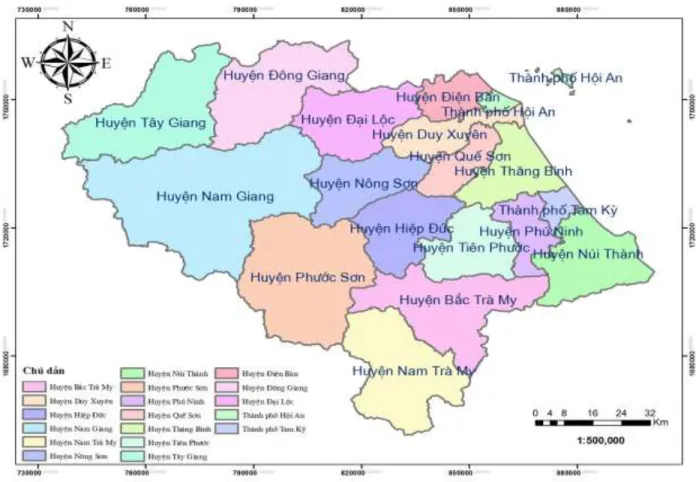 Hình 2.12. Bản đồ hành chính tỉnh Quảng Nam  2.2.2. Điều kiện tự nhiên 