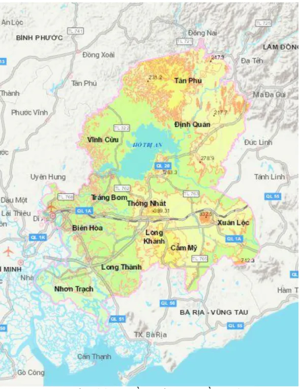 Hình 2.2 Bản đồ địa hình tỉnh Đồng Nai   (Nguồn Atlat Đồng Nai) 