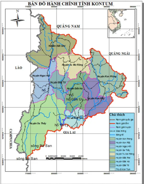 Hình 2.1. Bản đồ hành chính tỉnh Kon Tum  2.1.1.2.  Địa hình 