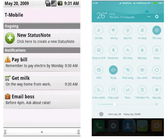 Hình  1.1.1.  Thanh  thông  báo  ở  phiên  bản  thời  kỳ  đầu(trái)  so  với  phiên  bản  Android 8.1(phải) 