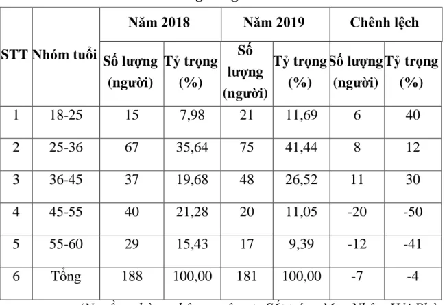 Bảng 2.1.6.3: Cơ cấu theo độ tuổi người lao động tại công ty Sắt tráng men  nhôm Hải Phòng trong 2 năm 2018-2019 