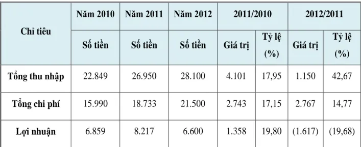 BẢNG 2.1 KẾT QUẢ HOẠT ĐỘNG KINH DOANH GIAI ĐOẠN 2010- 2010-2012 