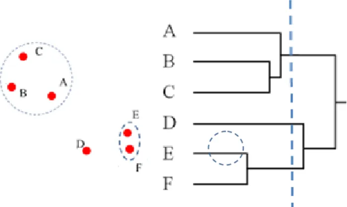 Hình 2. Ví dụ cho việc cắt đồ thị Dendrogram, kết quả  nhận được 3 cụm. 