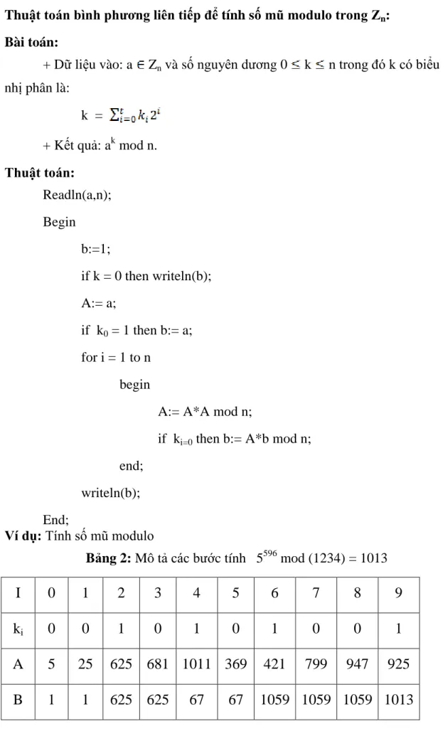 Bảng 2: Mô tả các bước tính   5 596  mod (1234) = 1013 